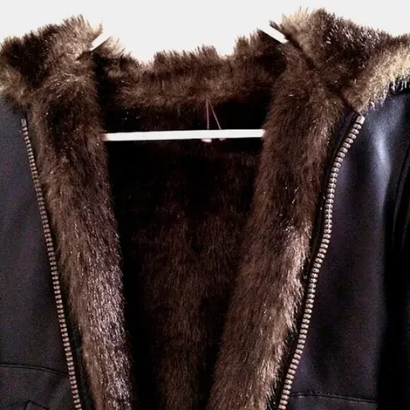 REVERSIBLE Jacket Faux Fur GIRLS Size 7 BROWN Bomber Coat Hooded Faux Leather